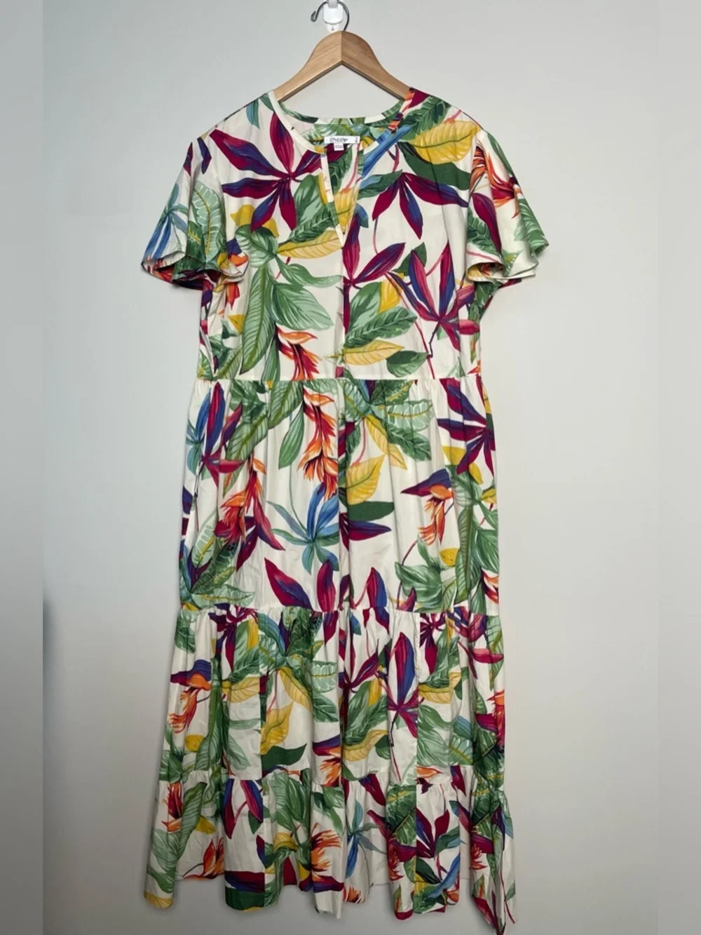 Chico’s | Tropical Print Tiered Midi Dress Flowy Sleeve VNeck Pima Cotton *READ*